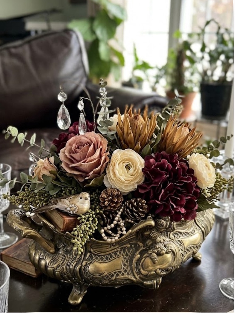 French Rococo Style Brass Jardiniere Oval Planter Centerpiece Metal Liner 16.5"